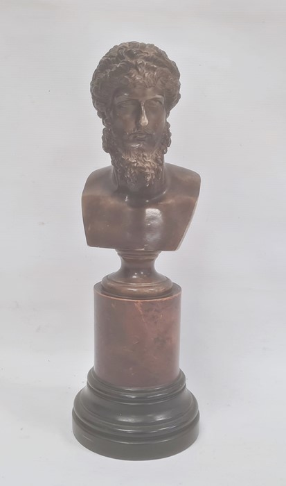 Reproduction bust of classical male on cylindrical plinth and ebonised stepped base, 36cm high