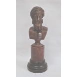 Reproduction bust of classical male on cylindrical plinth and ebonised stepped base, 36cm high