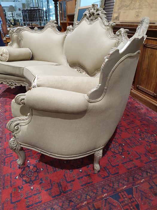 Modern French-style beige painted and upholstered curved three-seat sofa and cushions Condition - Image 16 of 24