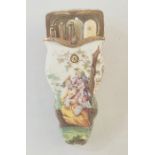 18th century French enamel etui of shaped form decorated with musicians in a garden setting, with