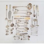 Pair of silver sugar tongs, various other silver teaspoons, a continental 800 standard ladle and