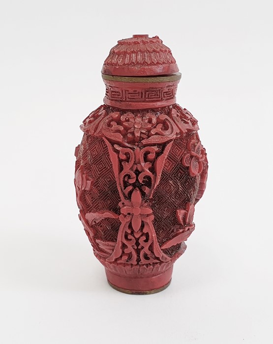 Chinese carved cinnabar lacquer snuff bottle, slender ovoid with panels of flowers, 6.5cm high, - Image 2 of 3
