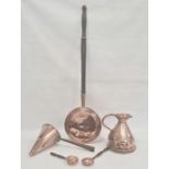 Old copper warming pan, old copper measure, old copper ale warmer, conical with metal handle and two