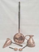 Old copper warming pan, old copper measure, old copper ale warmer, conical with metal handle and two