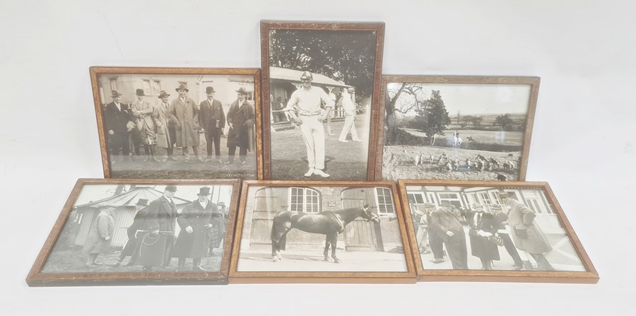 Set of six early 20th century black and white photographs, variously hunting, race meetings, cricket