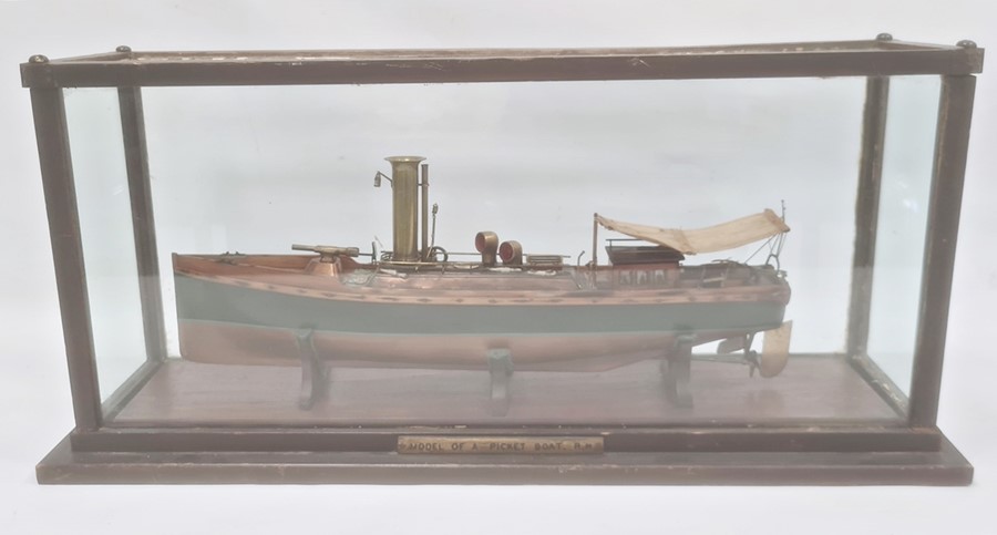 Wood and brass model of a picket boat, RN, having brass funnel and rudder, all in glazed wood