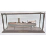 Wood and brass model of a picket boat, RN, having brass funnel and rudder, all in glazed wood