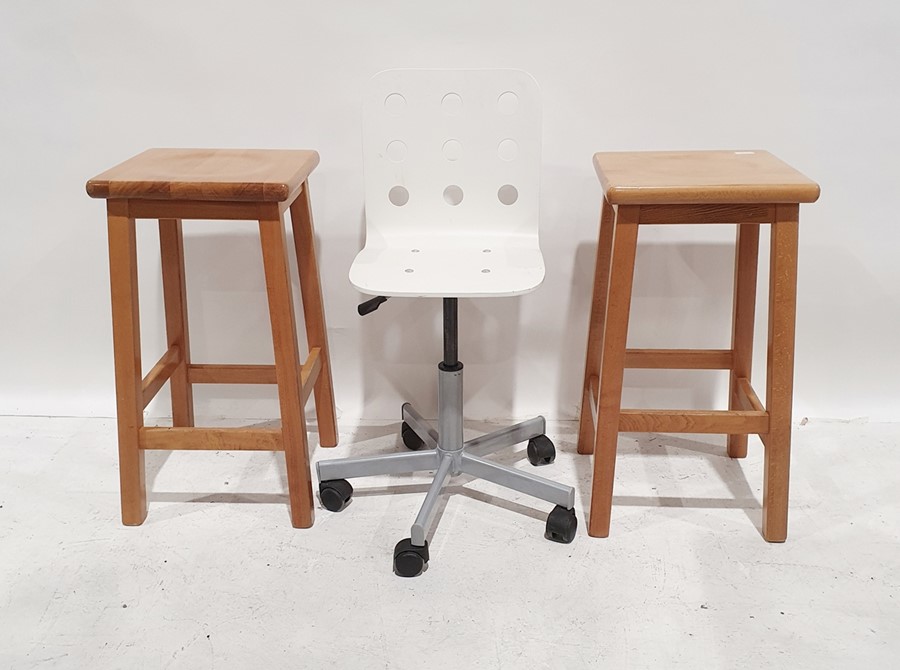 Two beech stools and an office swivel chair (3)