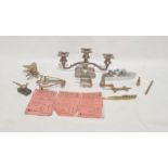 Three branch silver plated candelabrum, boat shaped cruet set and assorted metalware (1 box)