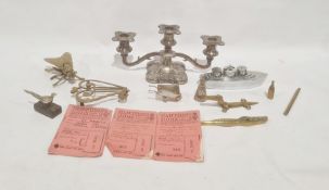 Three branch silver plated candelabrum, boat shaped cruet set and assorted metalware (1 box)