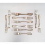 Five William IV silver fiddle and thread table forks, London 1835 and five matching dessert forks,