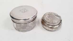 Early 20th century circular glass and silver lidded trinket pot, initialled to lid, marks worn, 6.