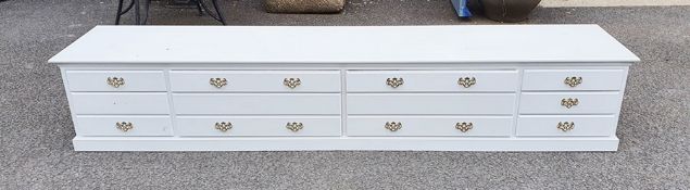 White painted low and long chest of drawers, 249cm x 47cm