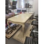 Shabby chic French-style extending dining table on cabriole legs, 105cm x 91cm x 78.5cm high