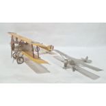 Model of a bi-plane, probably Sopwith Camel, painted wood and metal, wing span 74cm, and another