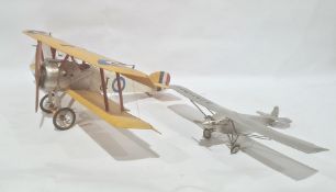 Model of a bi-plane, probably Sopwith Camel, painted wood and metal, wing span 74cm, and another