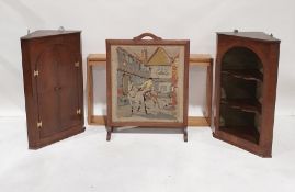 Pine two-tier rack, an oak-framed needlework firescreen, a 19th century wall-hanging corner