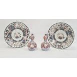 Pair Japanese Imari dishes with flowers in panels, 23cm dia. and a pair of porcelain double-gourd