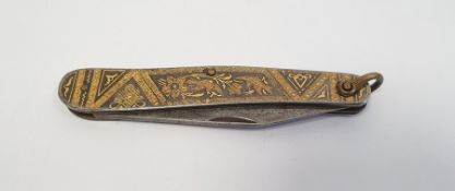 Folding pocket knife with damascene decoration of birds and geometric designs, the single steel