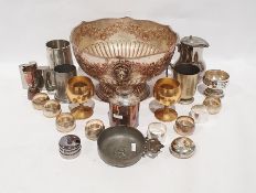 Quantity of silver plate and metalware to include a two-handled circular punchbowl on circular