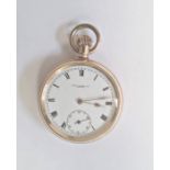 Gold plated open-faced pocket watch, the enamel dial with roman numerals and subsidiary seconds