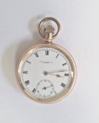 Gold plated open-faced pocket watch, the enamel dial with roman numerals and subsidiary seconds