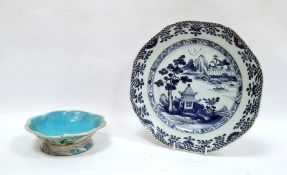 Chinese blue and white plate, the centre decorated with a pagoda lake scene, 23cm diameter and a