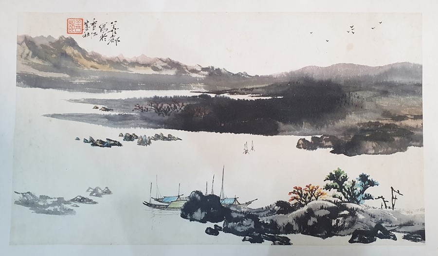 Chinese school (20th century)  Pair of watercolour drawings Landscape scenes, one of a lake and - Image 2 of 4