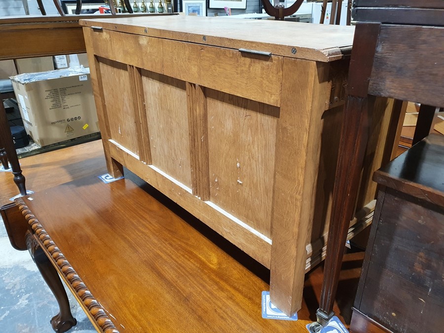 20th century oak coffer, rectangular top with moulded edge, three panels to the front, shaped - Image 24 of 24