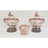 Pair Japanese Kutani earthenware koros, each with domed lid having temple lion finial, the bulbous