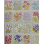 Sixteen silk floral embroidered panels stitched together and glazed, 24 x 19cm