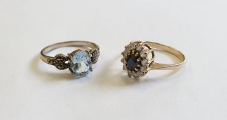 9ct gold, sapphire and white stone cluster ring and a silver, marcasite and blue stone ring (2)