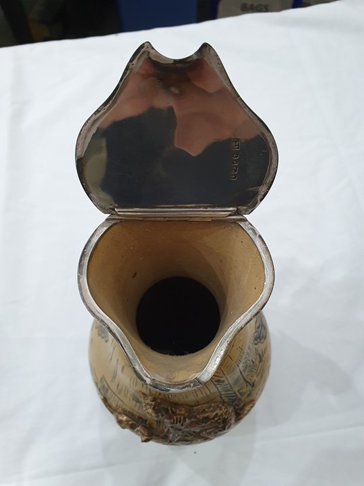 Hannah Barlow Doulton Lambeth salt glazed stoneware jug with silver hinged lid, sgraffito engraved - Image 8 of 13