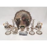 Silver plated candlestick turned table light, a plated salver, candlesticks, teapots and mixed