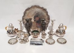 Silver plated candlestick turned table light, a plated salver, candlesticks, teapots and mixed