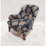 Late 19th/early 20th century armchair by Howard & Sons, reupholstered in blue ground patterned