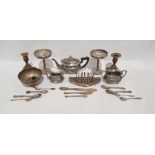 Small quantity of silver plate to include teapot, milk jug, candlestick holder, toastrack, small