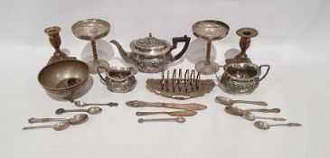 Small quantity of silver plate to include teapot, milk jug, candlestick holder, toastrack, small