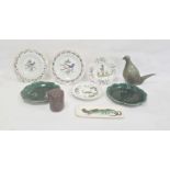 Quimper-style faience plate with figure to centre, another pair, bird decorated, two green leaf