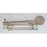 Set of brass firetools to include pair andirons on cabriole supports, poker, tongs and shovel, all