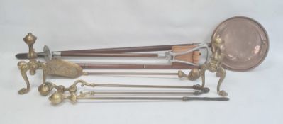 Set of brass firetools to include pair andirons on cabriole supports, poker, tongs and shovel, all