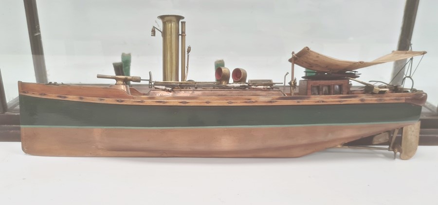 Wood and brass model of a picket boat, RN, having brass funnel and rudder, all in glazed wood - Image 5 of 6