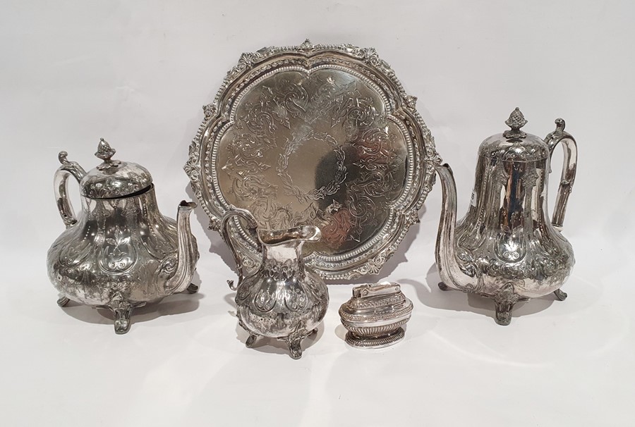 Silver plated three-piece tea and coffee set comprising of teapot, milk jug and coffee pot, a silver