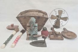 Quantity of collectables to include carved wood wall bracket, old flat iron, brass and metal fan and