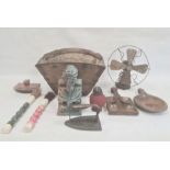 Quantity of collectables to include carved wood wall bracket, old flat iron, brass and metal fan and