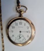 Waltham open-faced pocket watch, the enamel dial with Arabic numerals and subsidiary seconds dial,