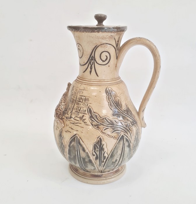 Hannah Barlow Doulton Lambeth salt glazed stoneware jug with silver hinged lid, sgraffito engraved - Image 2 of 13