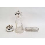 A large cut glass sifter with silver cover, 17cm high and a cut glass dressing table box with silver