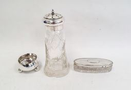 A large cut glass sifter with silver cover, 17cm high and a cut glass dressing table box with silver