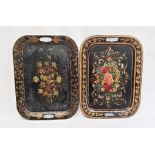 Two old japanned metal trays, rectangular but with integral handles and having painted floral